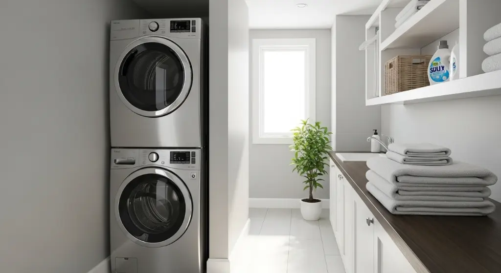 Lavadora y secadora en un cuarto de lavandería bien iluminado